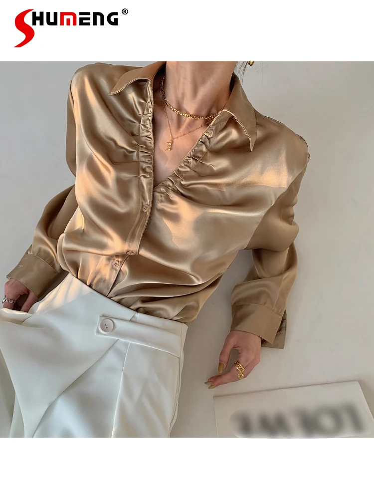 Women's Shirts Luxury Elegant Pleated V-neck Satin Shirt 2022 Fall Simple Loose Woman's Slimming All-Matching Long Sleeve Blouse