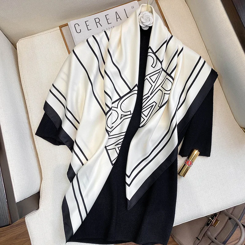 

90X90CM Kerchief Four Seasons Square Silk Scarves 2022 Europe And America Popular Bandannas Luxury Print Sunscreen Stripe Shawls