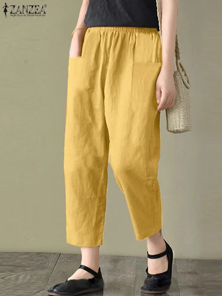 

ZANZEA Women Elastic Waist Harem Pants Vintage Cotton Trousers Wide Leg Pantalon Causal Loose Turnip Pants Ankle Length Palazzo