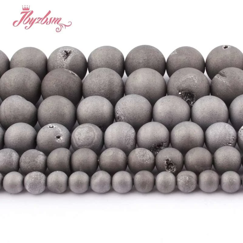 

8,10,12,14mm Round Metallic Coated Druzy Gray Agates Stone Beads For DIY Necklace Bracelets Jewelry Making 15"