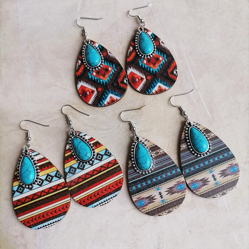 

Ретро этнические бирюзовые Подвесные серьги, западные богемные ацтекские деревянные серьги-капли с узором для женщин, оптовая продажа ювелирных изделий