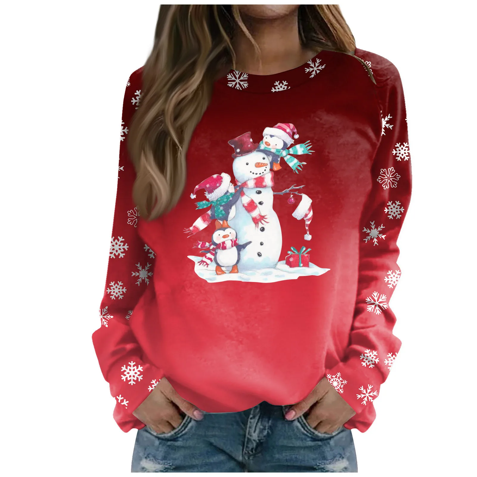 

Женская Повседневная футболка с принтом снеговика, свободная футболка с длинным рукавом и круглым вырезом, Рождественский пуловер, Осень-зима 2023