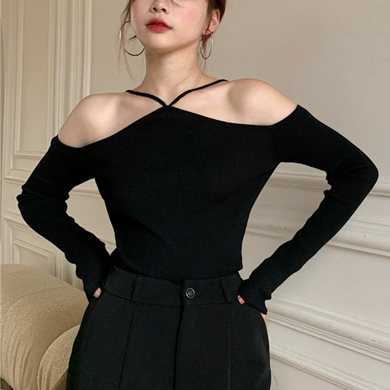 

New Sexy Sweater Mujer Off Shoulder Slim Knitted Sweaters Long Sleeve Femme Autumn Vintage White Black Top Women Pullovers