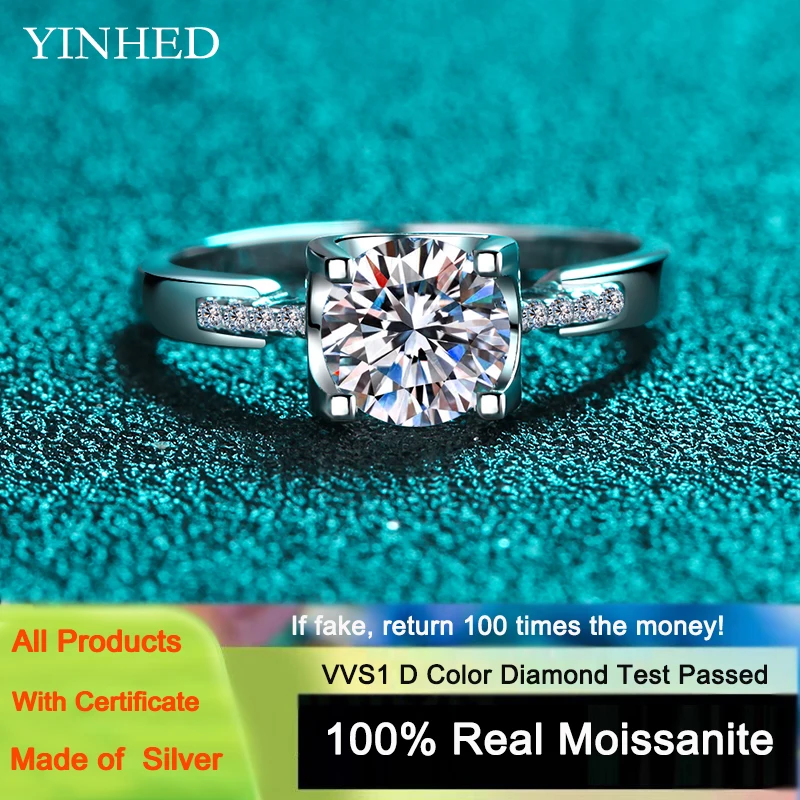 

YINHED 1.0CT 2.0CT D Color Round PT950 Platinum Plated 925 Silver Moissanite Ring Diamond Test Passed Jewelry Gift for Women