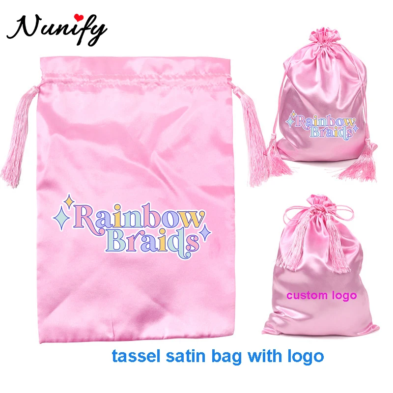 20Pcs Custom Logo Satin Bags With Tassel For Bundles Printed Logo Wig Bag With Drawstring 25*35Cm Satin Hair Storage Bag Nunify