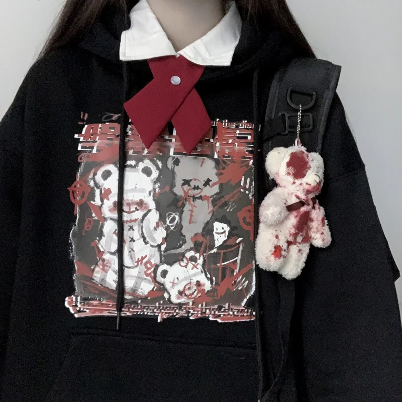 

худи Women Loose Black Anime Print Hoodie Long Sleeve Top Punk Vintage Dropshipping Harajuku Japanese Gothic Pullover Sweatshirt