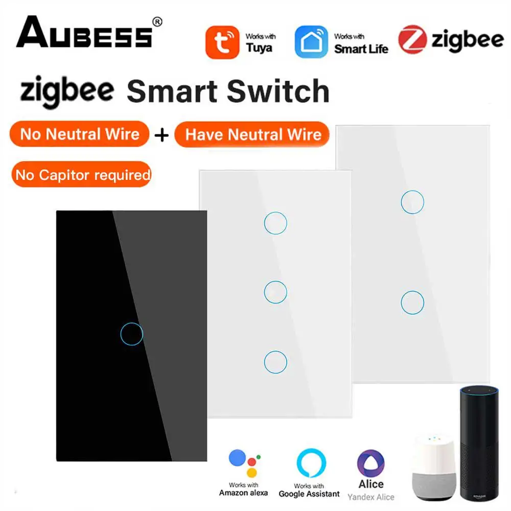 

Умный светодиодный переключатель Tuya Zigbee, нейтральный провод/без нейтрального провода, не требует конденсатора, настенный сенсорный переключатель, Alexa, Google Home