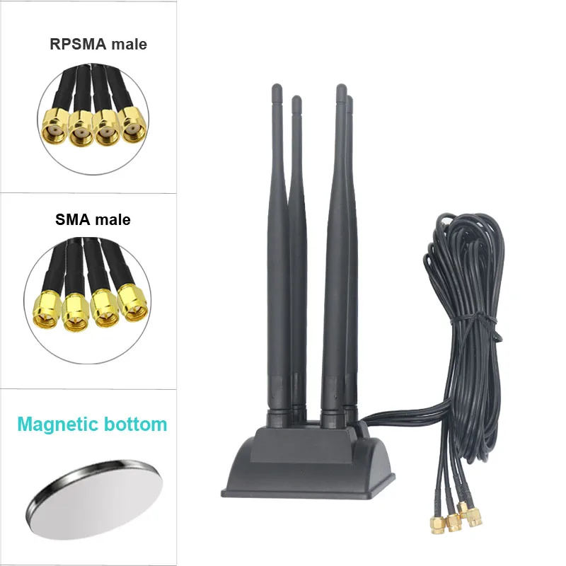 Magnetic Bottom Router 2.4G 5G 5.8G Omni Waterproof Dual Band 12dbi WiFi 4pcs Rubber Bar Antenna With 4pcs Cable