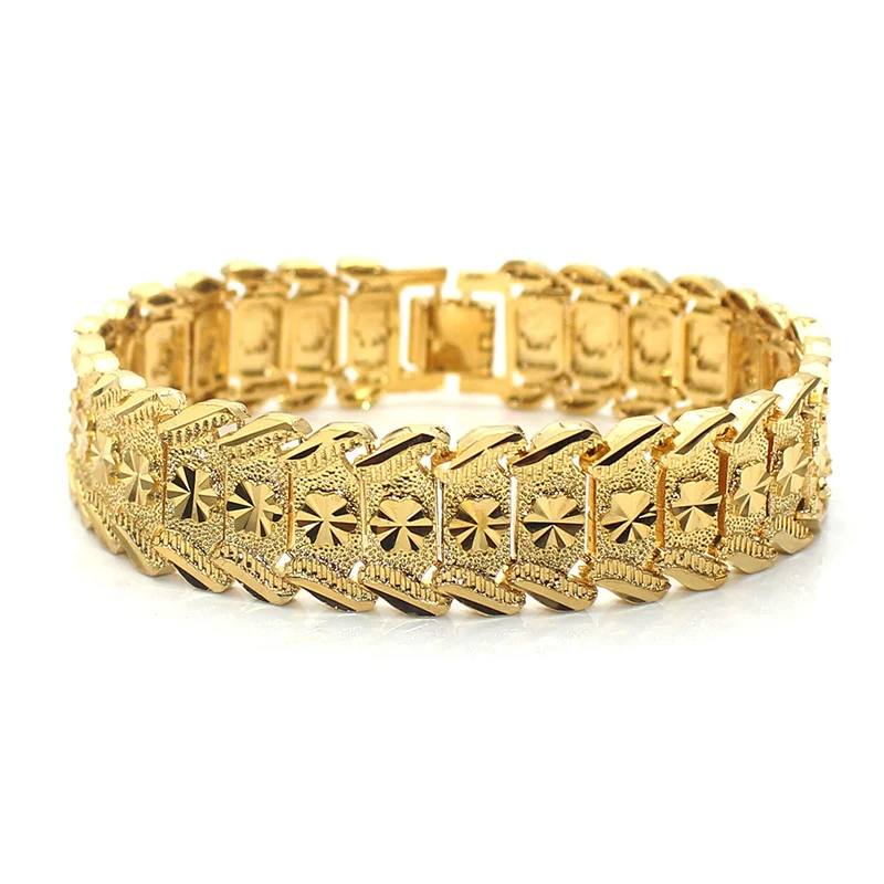 Hip Hop Gold Plated Chunky Bracelet For Men Flower Pattern Cuban Link Chain Bracelets Xmas Fathers Day Gift