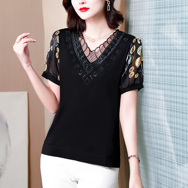 Elegant Lace Printed Spliced Diamonds Gauze Embroidery Blouse Women Clothing 2023 Spring New Casual Pullovers Office Lady Shirt