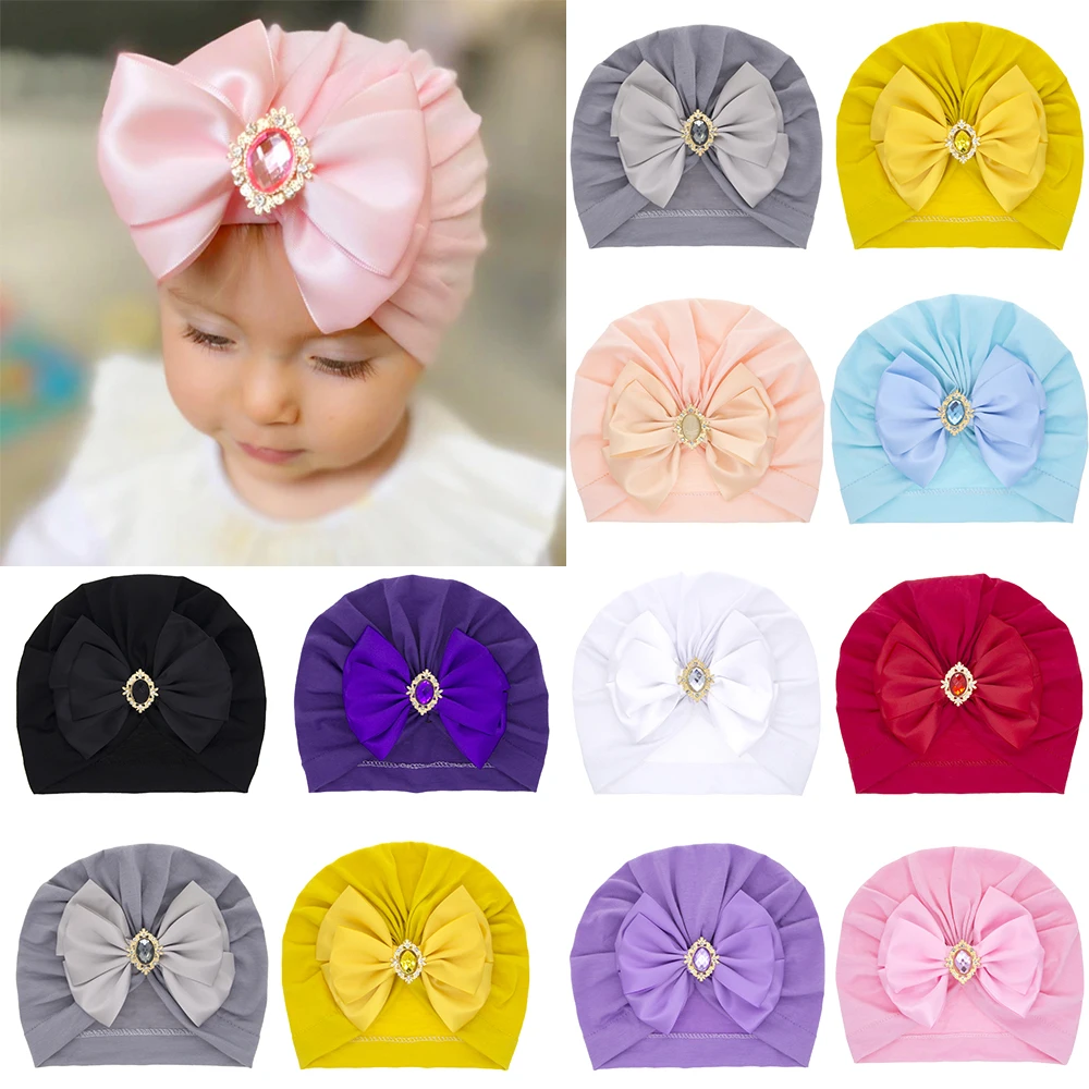 

Baby Hats Caps Big Bownot Turban Hat Cute Solid Color Rhinestone Head Wraps for Newborn Infant Kids Toddler Bow Beanie Headwraps