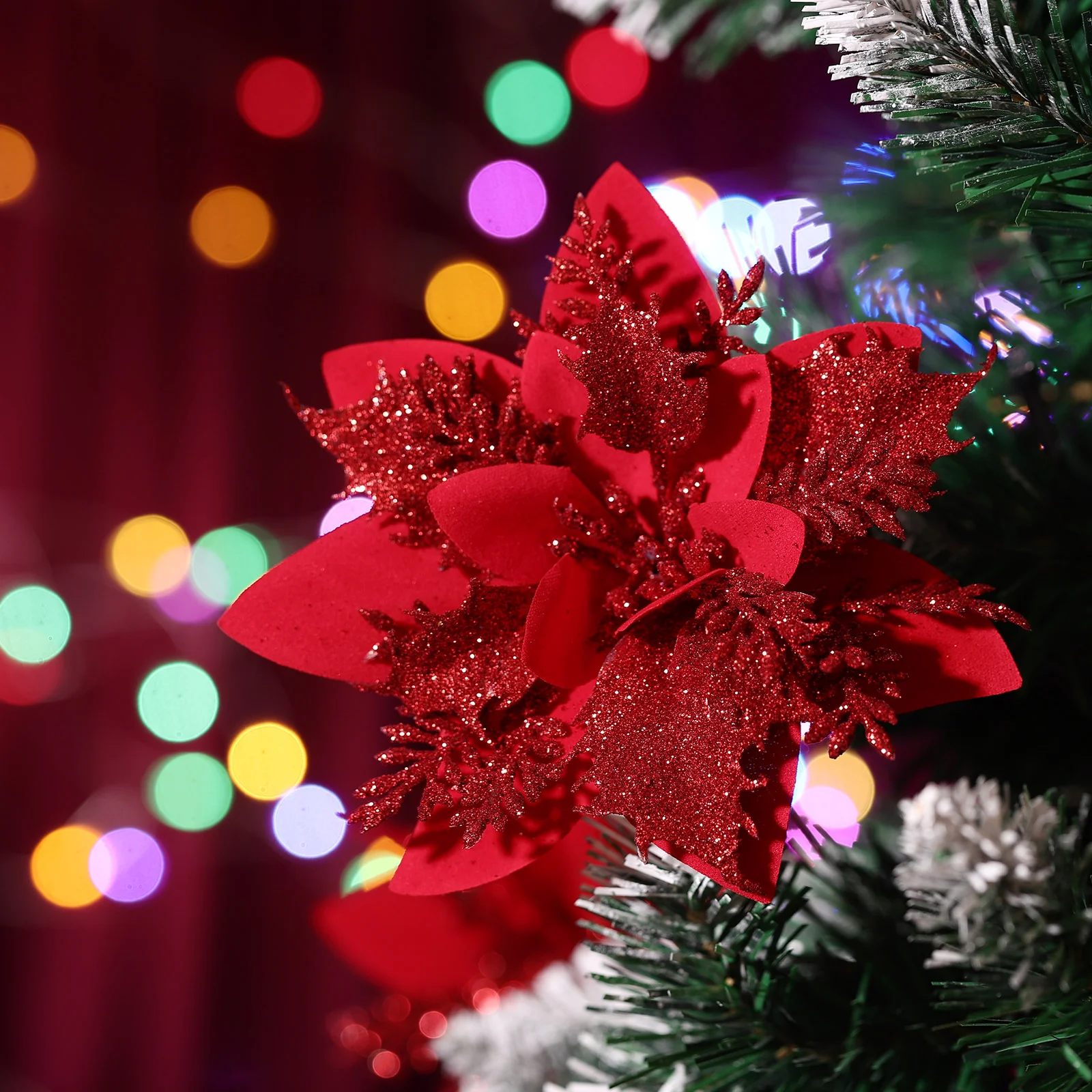 

12pcs Christmas Poinsettia Artificial Flowers for Christmas Wreath Tree Decoration with 12pcs Clips and Stems, Glitter Ghampagne