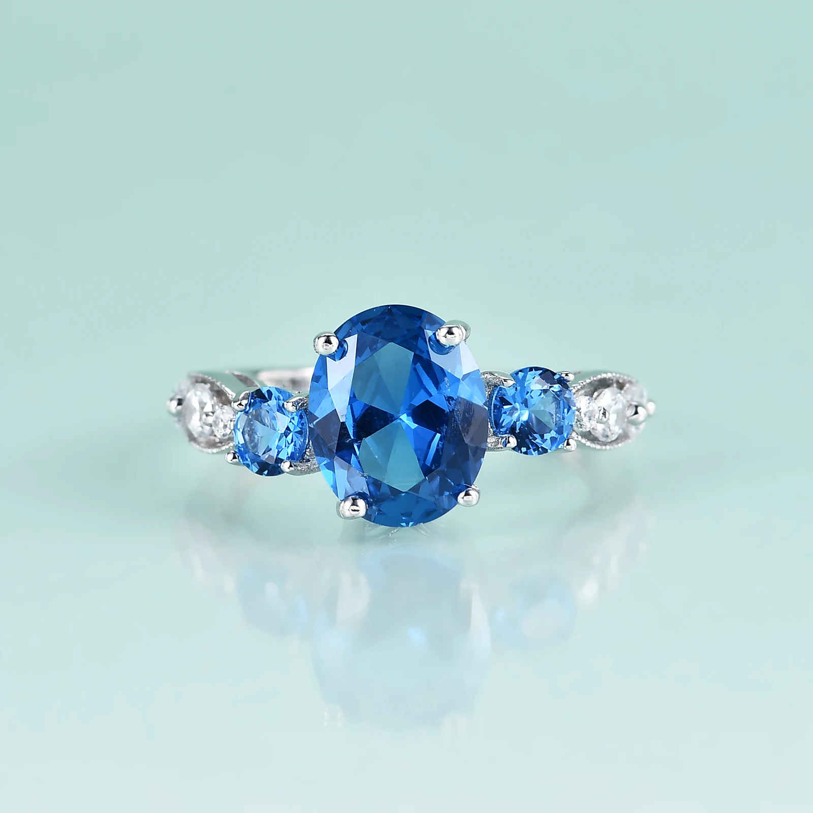 

GEM'S BEAUTY 6x8 мм Три камня овальной огранки синего цвета бриллиантовое обручальное серебряное кольцо для женщин