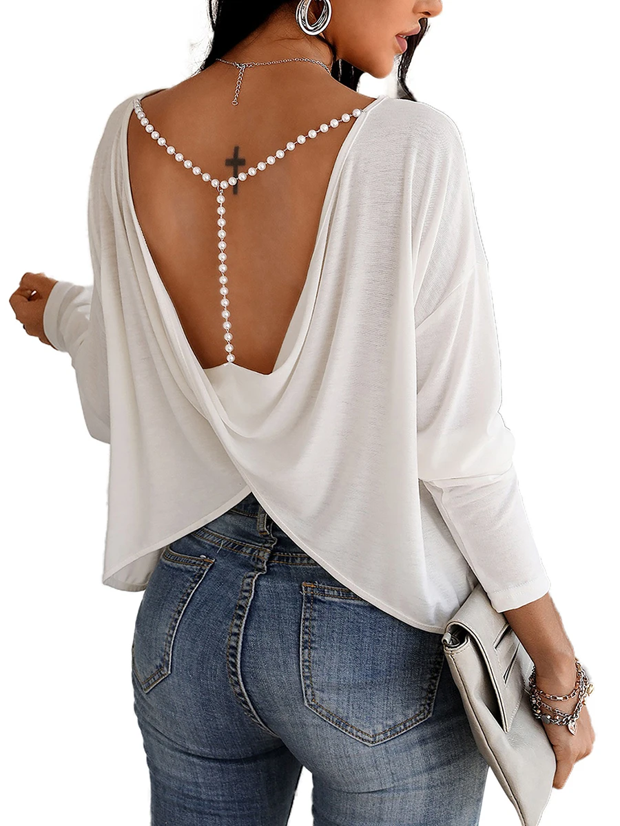 

Women Fashion Sexy Backless Loose Pullover Tops Solid Color Long Sleeve Tops with Decorative Beads T-Shirts