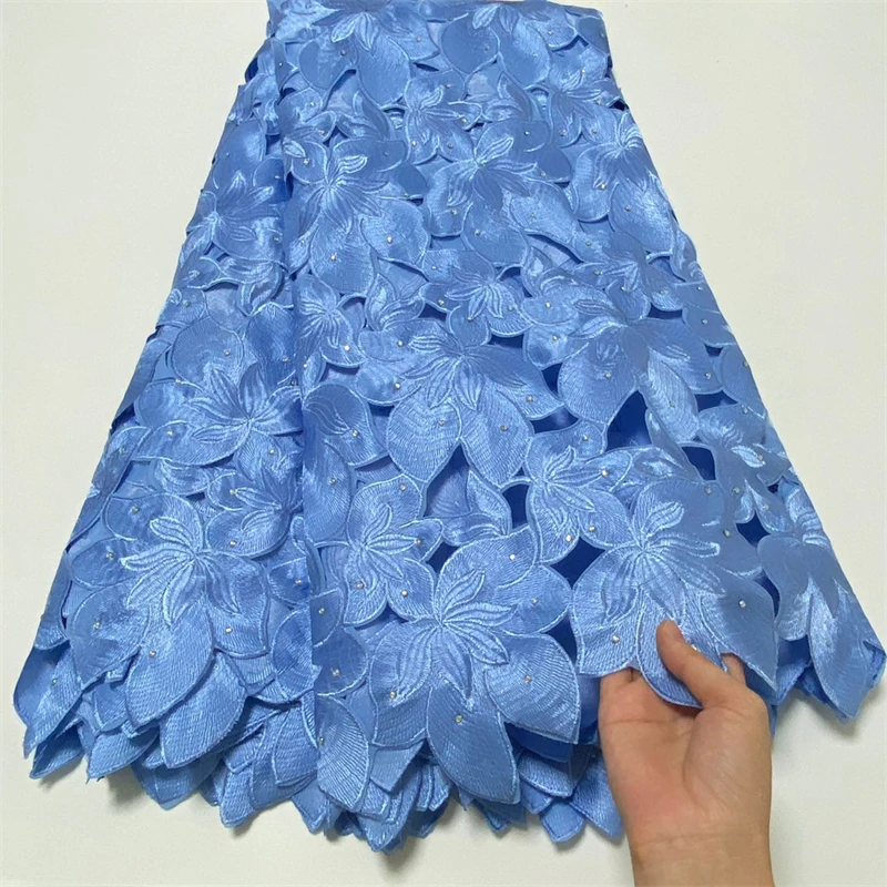 

5 Yard Swiss Fabric Latest Heavy Beaded Embroidery African 100% Cotton Voile Lace Popular Dubai Style For wedding Party L002