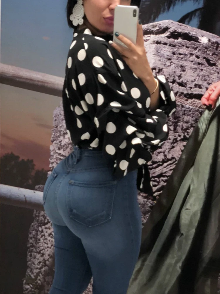 Женская блузка в горошек черная с длинным рукавом-фонариком большого размера XXXL