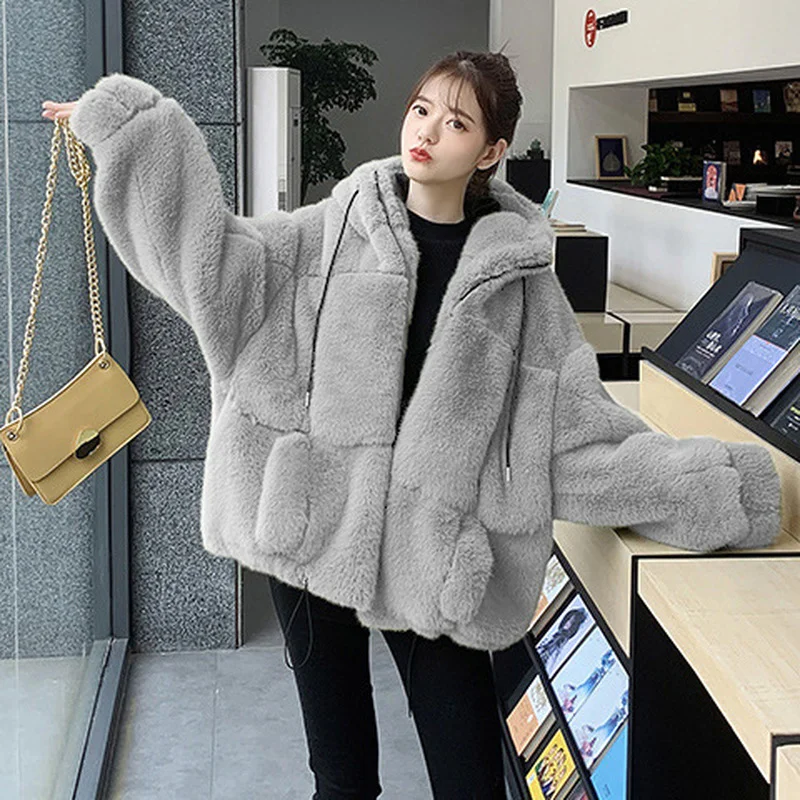2023 Faux Fur Women Coat with Hood Fashion Zipper Plush Thick Slim Pink Faux Fur Jacket Fake Rabbit Fur Coats Chaqueta Mujer