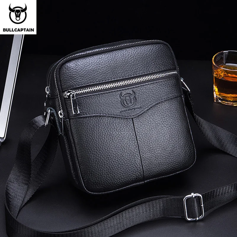 BULLCAPTAIN Men Genuine Leather Shoulder Bags Business Casual Vertical section  Top layer cowhide small satchel
