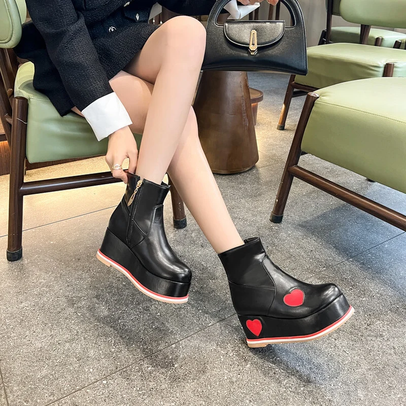 Women Ankle Boots Round Toe Heart Platform Wedges Increased Heel Zipper Sweet Mixed Fashion sheos Casual Yellow Pink NEW 2022