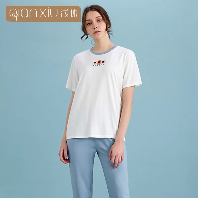 

Women's Spring And Summer New Modal Pajamas Two-Piece Short-Sleeved Trousers Loose Female Home Wear Suit Sleepwear