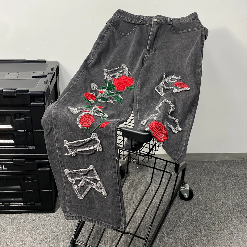 Korean Style Streetwear Rose Cross Embroidered Men Jeans Trousers Y2k Vintage Distressed High Street Loose Straight Denim Pants