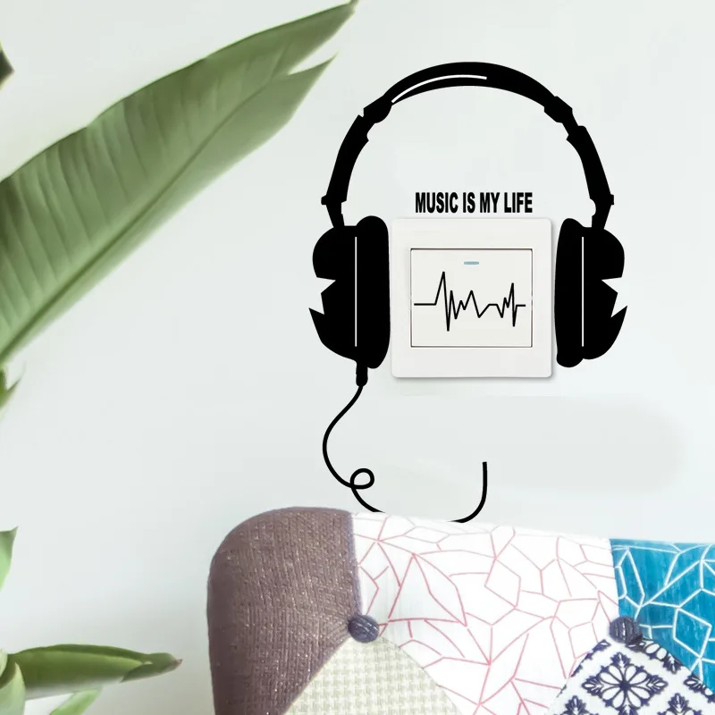

MUSIC IS MY LIFE Headphones Wall/Switch Sticker vinyl living room for home decoration art decals Removable Switch Stickers Fast