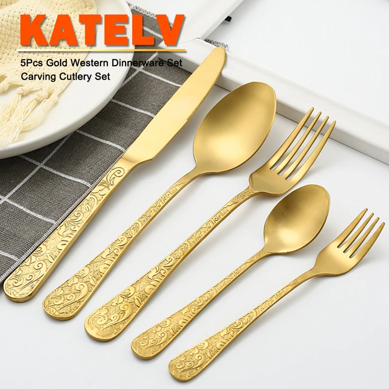 

5Pcs Luxury Engraving Handle Tableware Set Stainless Steel Cutlery Gold Cutlery Set of Knife Spoons Fork Silverware Flatware Set