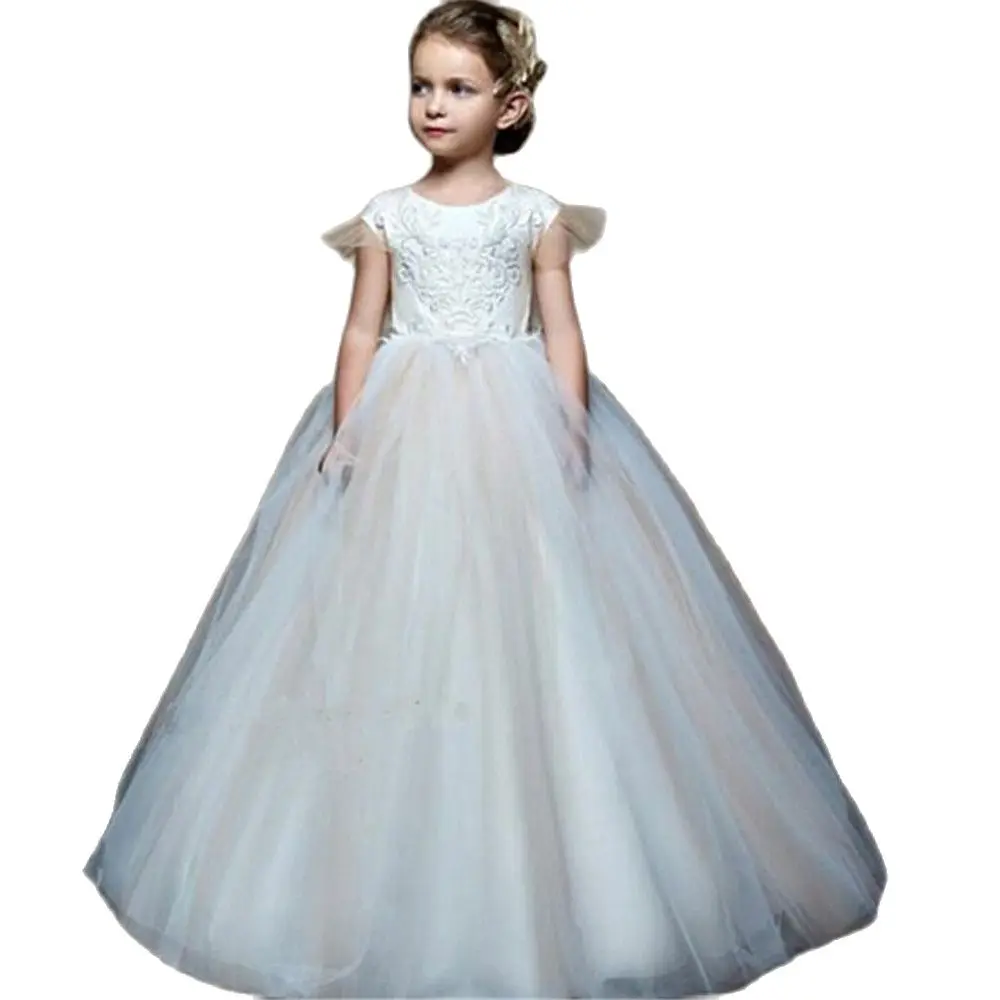 

Flower Girl Dress ChampagneTrailer Puffy Wedding party Dress Girl First Communion Eucharist Attended Princess Lace Evening Dress