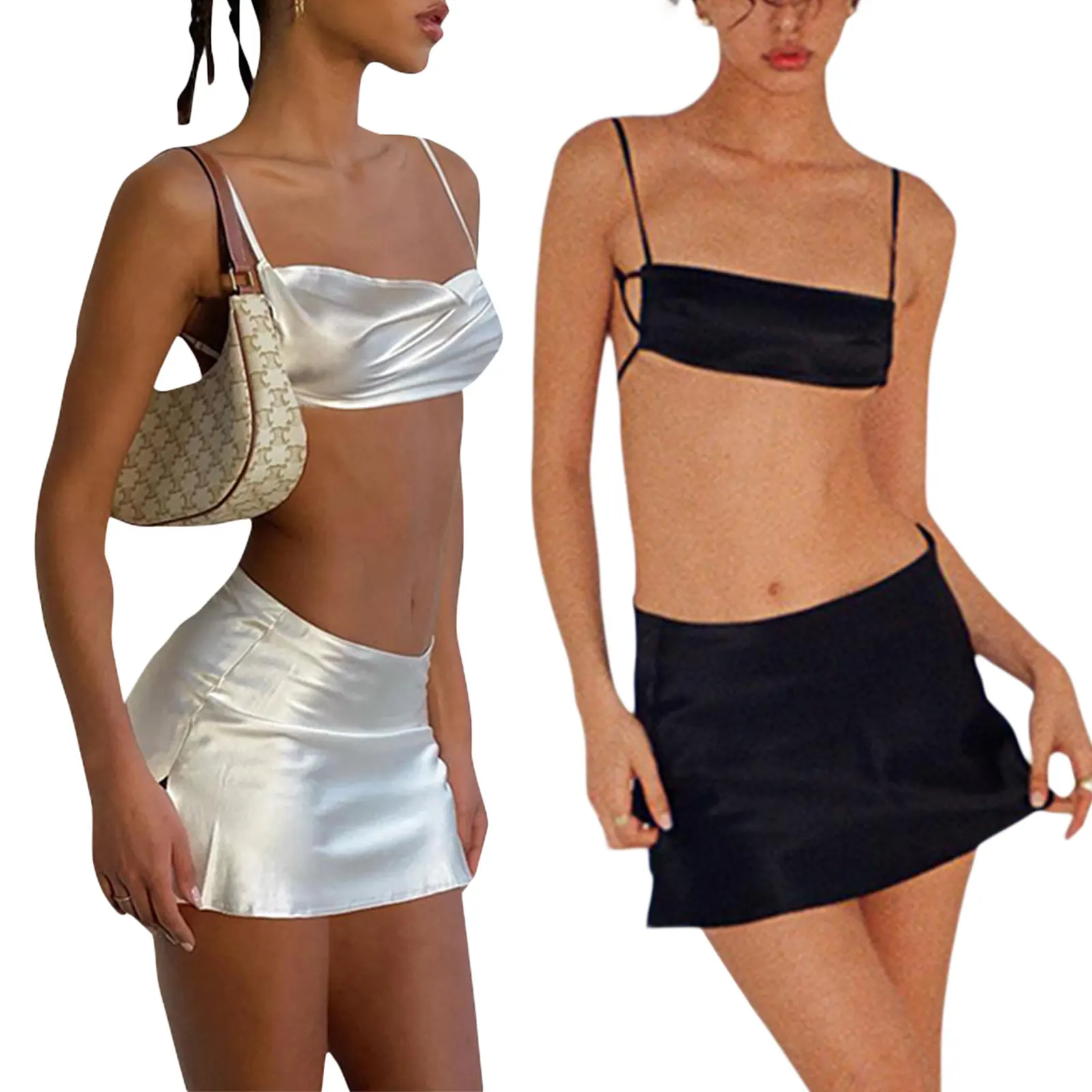 

Women Casual Suit Solid Color Sleeveless Backless Sling Crop Tops+Slim-Fit Short Skirt