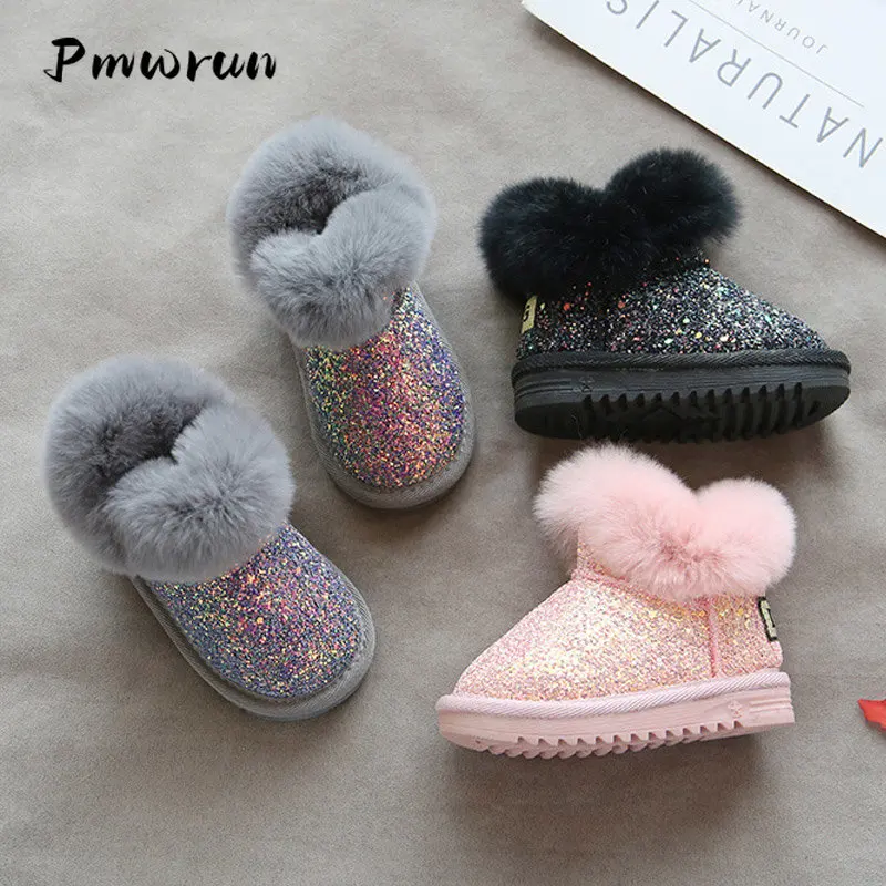 0-10 Years for Baby Bling Bling Warm Snow Boots Kids Winter Flats Shoes Plush Fashion Children Platsform Short Boots Black 2022