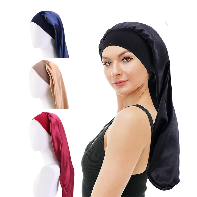 

Elastic Wide Edge Long Satin Bonnet Sleep Hats Wrap Night Cap Care Women Men Unisex Extra Large For Natural Curly Loose Hair