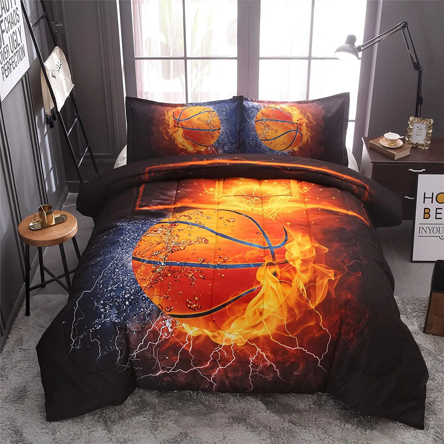 

Pretty Night Basketball Print with Fire and Ice Pattern Quilt Set Bedding Set Boys Kids Teen Room Decor Quilt Cover Three Piece