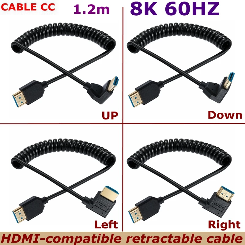 

1.2m 90 Degree Angle OD 4.0mm HDMI-Compatible Male to Male HD Spring Coiled Cable 8k@60hz HDTV-2.1 for TV Computer Camera