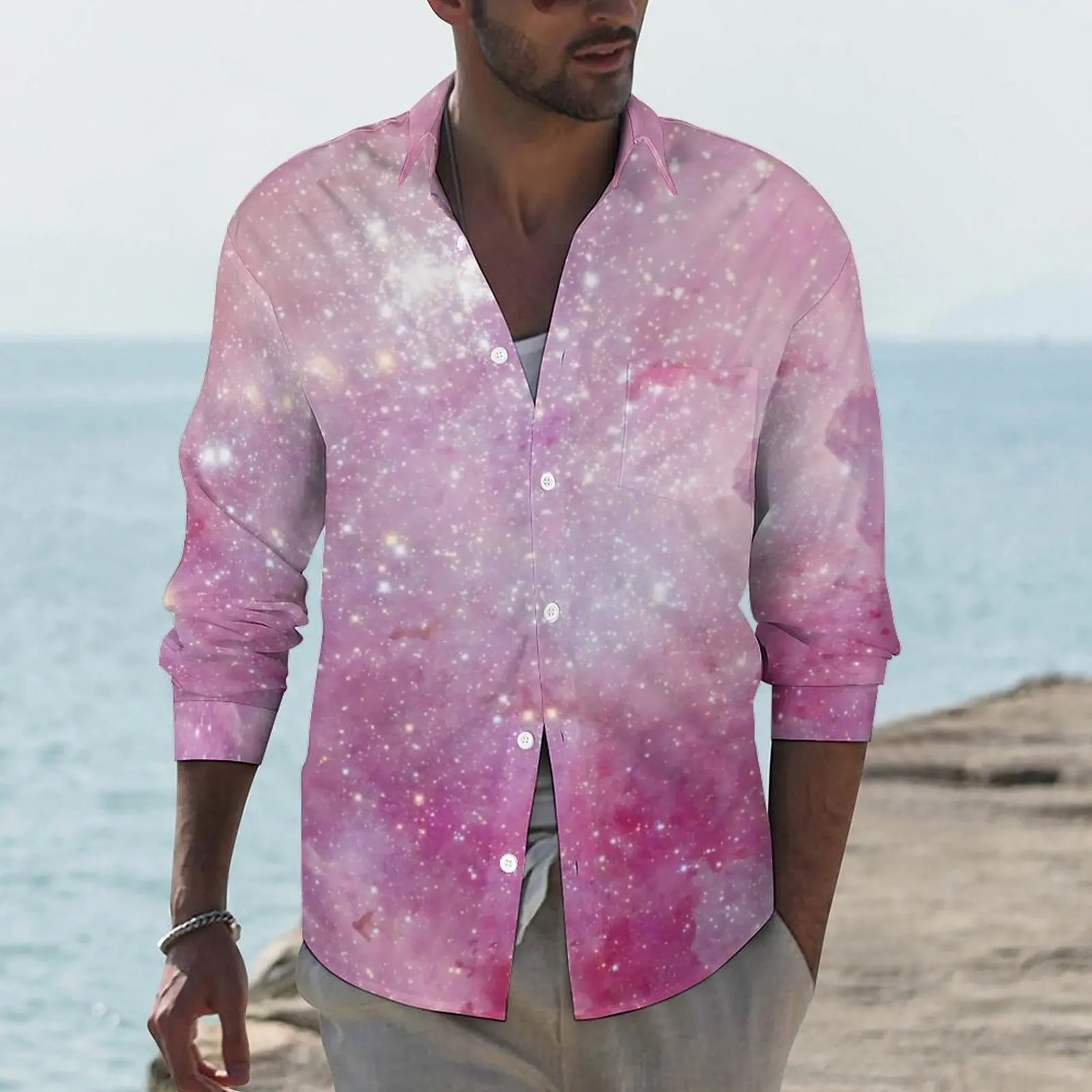 

Starry Space Shirt Man Watercolor Stars Galaxy Casual Shirts Street Style Custom Blouses Long Sleeve Fashion Oversized Tops