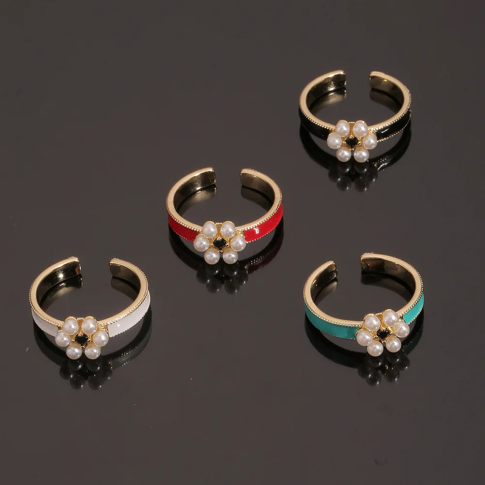 

European and American Style Jewelry Copper Drop Oil Flower Ring Temperament Pearl Ring Personality Geometric Jewelry Lover Gift