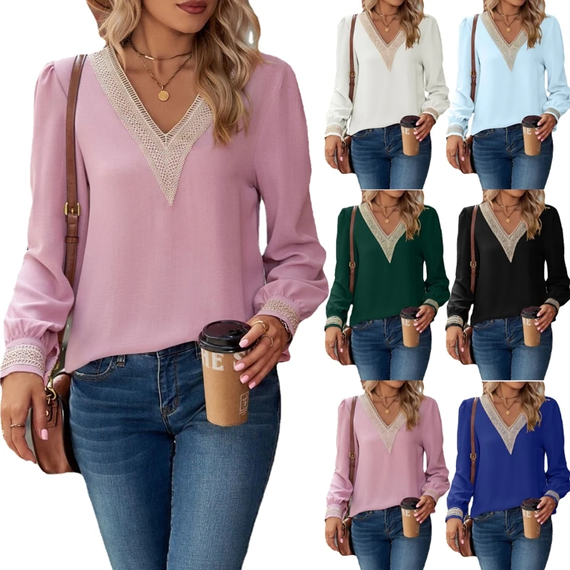 

V Neck Tunic Tops For Women Loose Fit Fall Puff Sleeve Tops Long Sleeve Ruffle Blouse with Smocked Cuffs