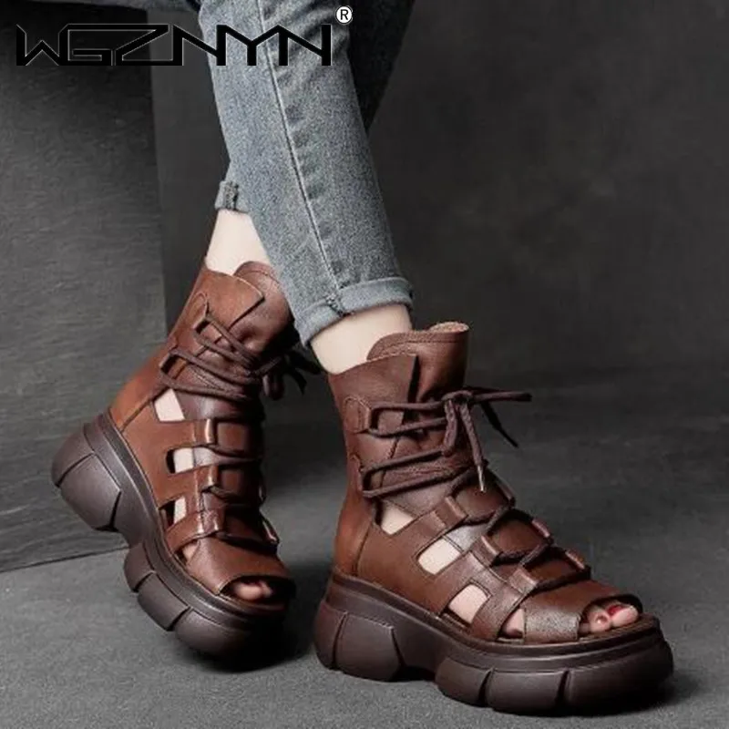 NEW Genuine PU Leather Sandals for Women with New Summer Hollowed-out Roman Sandals Sponge Cake Thick-soled Fish Mouth Cool Boot