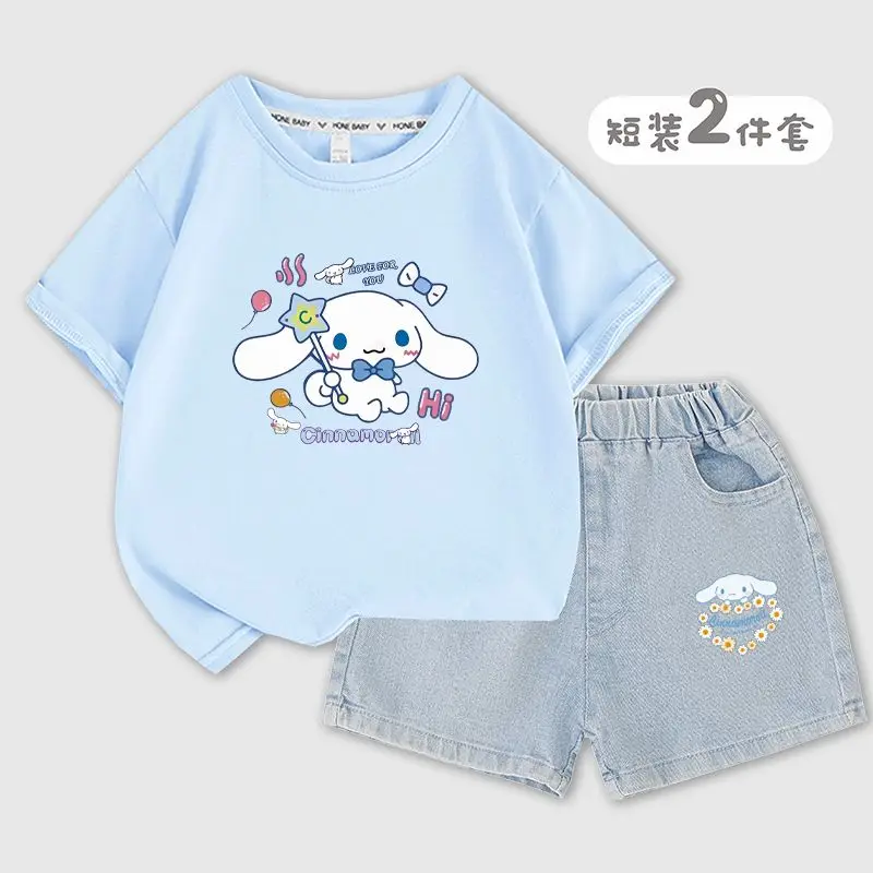 

Sanrios Kawaii аниме милый мультфильм Cinnamoroll Детский Повседневный костюм летние новые джинсовые шорты с коротким рукавом костюм подарок на день р...
