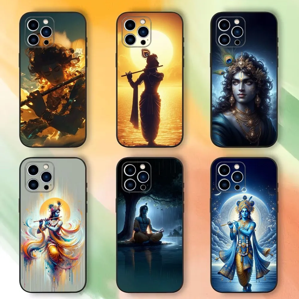 Indian God Lord Krishna Phone Case For iPhone 16 15 14 13 12 11 Plus Pro Max XS X XR SE Mini 8 7，Soft Silicone Black Cover