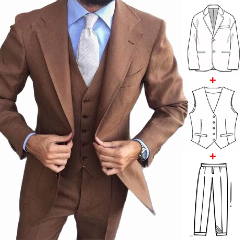 2023 Wide Notched Lapel Men Suit Slim Fit One Button Business Formal Prom Groom Tuxedos 3 Pieces Male Suit Jacket+Vest+Pants