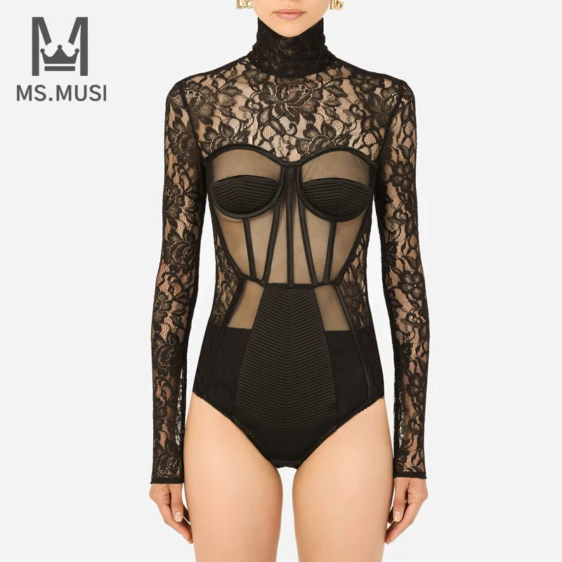 MSMUSI 2022 New Fashion Women Sexy Black Hollow Out Lace Cut Out Mesh Long Sleeve Backless Bandage Party Club Bodycon Bodysuit