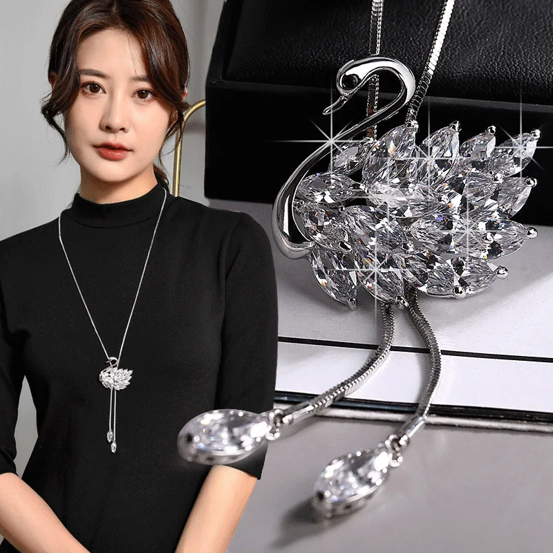 

Zircon Swan Long Necklaces & Pendants Elegant Crystal Statement Necklace for Women Collier Femme Pearl Choker Jewelry