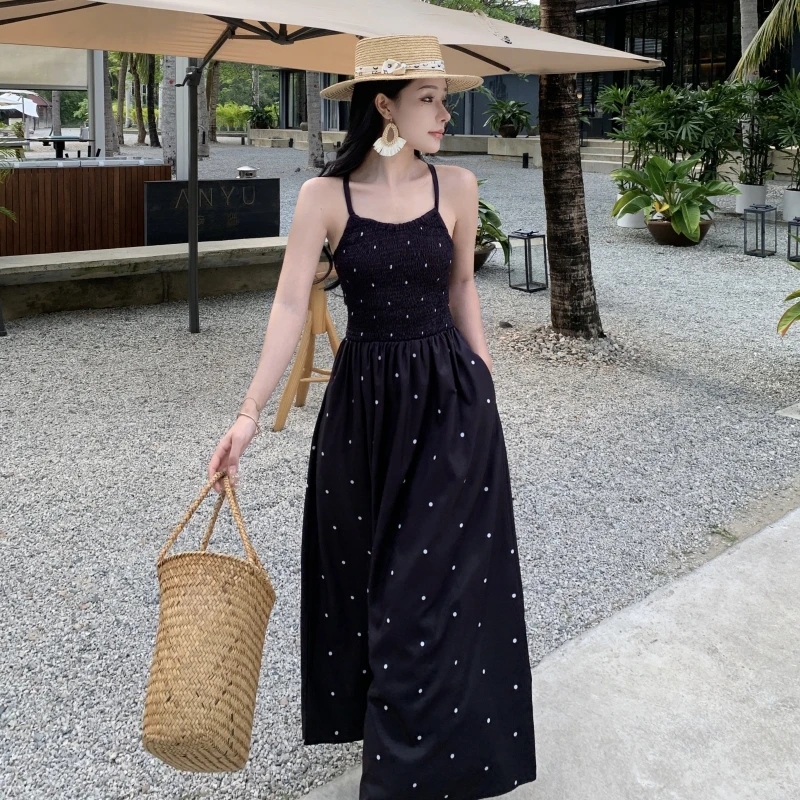 

Summer Black Maxi Women Strappy Dress 2023 Slim Long Backless Party Vacation Dresses Female New Elegant Polka Dots Prom Lady