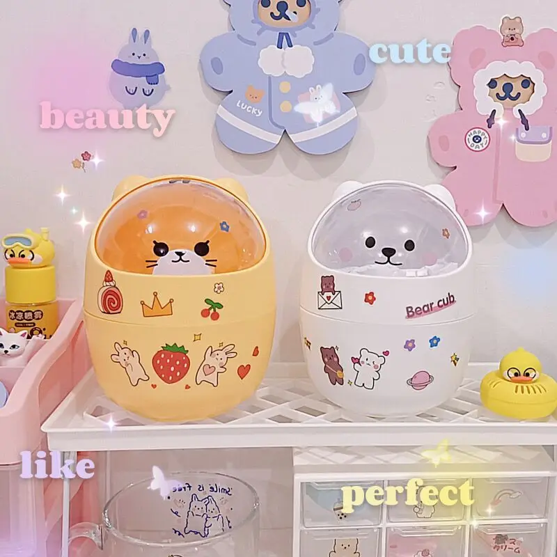 Creative cute home desktop with lid trash can with lid small mini bedroom desk trash can storage box pen holder Storage bucket