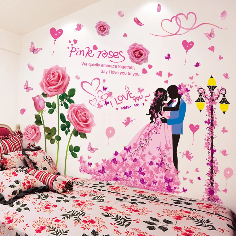 

[shijuekongjian] Pink Roses Flowers Wall Stickers DIY Street Light Couples Wall Decals for Living Room Wedding Home Decoration