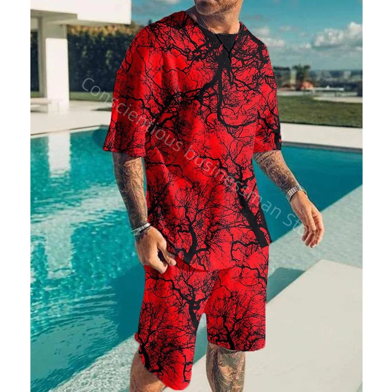 

T-shirt Suit For Men 2022 Summer 3D Print Scary Red Tree T-shirt Set Men Shorts Set Jogging Set Training men tracksuit set Men's