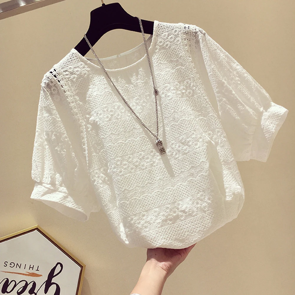 

Summer Korean Fashion Women's Lantern Sleeve Loose Shirts Embroidery Cotton Lace O-Neck Casual Blouses Simple White Top