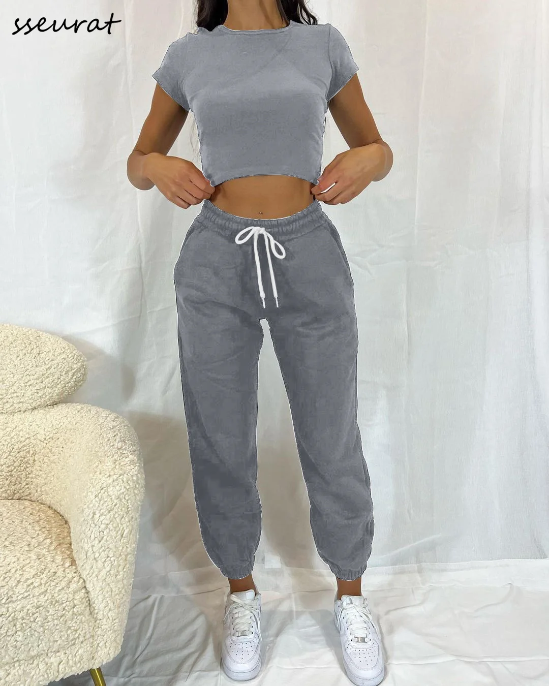 

2022 Summer Chic Women Casual Solid Tracksuit Short Sleeve Tops Trouser Sport 2 Piece Pant Set Female