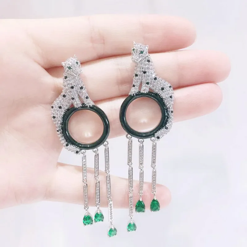 

Europe America Designer Luxury Women Lady Setting Full Czech Zircon Green Eyes Leopard Black Circle Tassels Stud Earrings