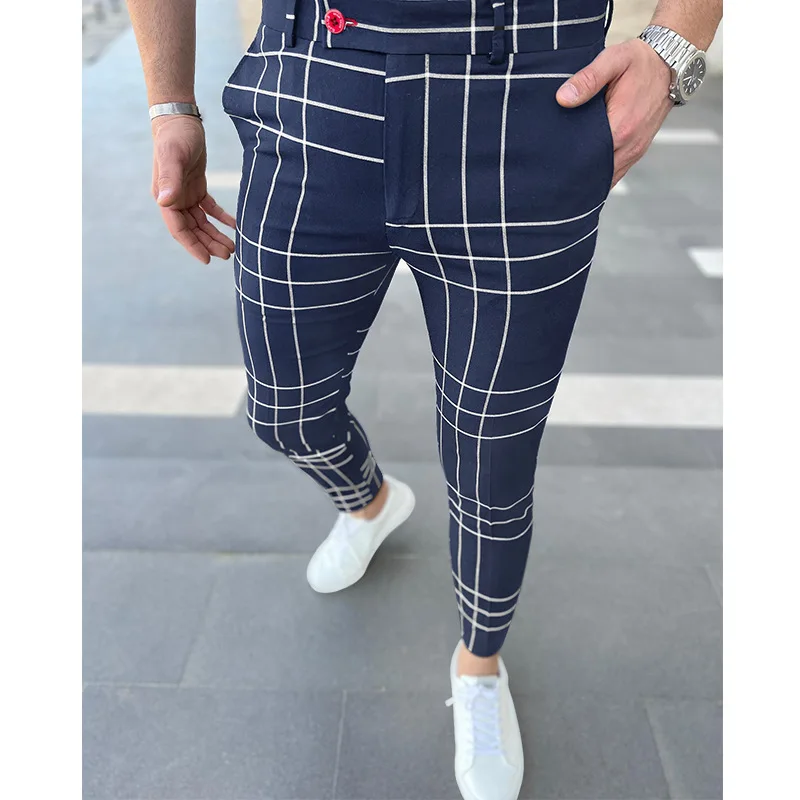 Men's Fashion Plaid Suit Pants Slim Fit Social Trousers Pencil Pants High Quality Men Business Office Party Dress Ankle Length